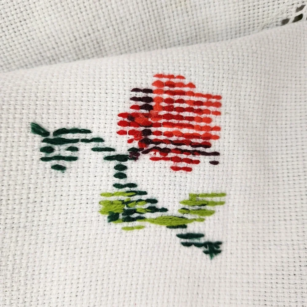 Vintage Embroidered Floral Tablecloth Cross Stitch Openwork Lace Cottagecore